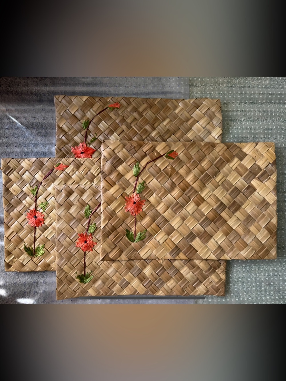 Woven Palm Placemats with Embroidered Coral Flowers - Set of 4